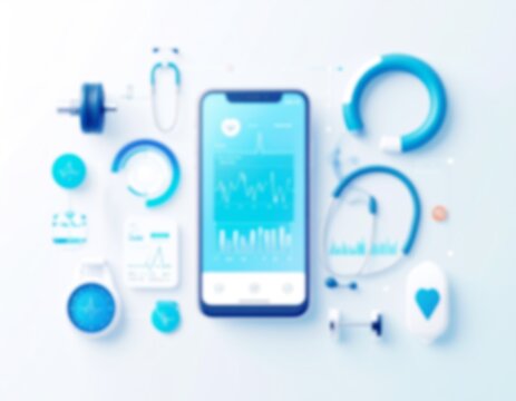 Soft, abstract background of a health and fitness app UI. A modern digital concept with blurred icons, charts, and smart device elements.

