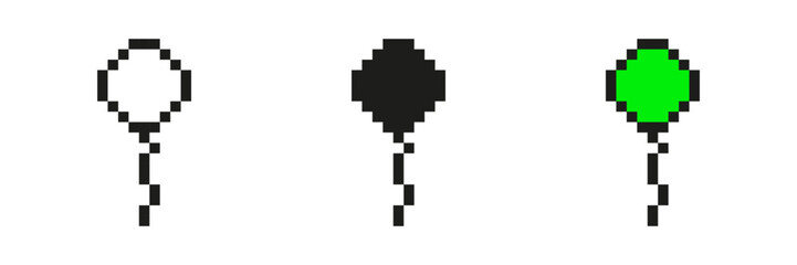 Fototapeta premium Pixel Art Balloon Icon Set. Celebration And Festivity Symbol Collection. Three Balloons In Different Colors And Styles. Isolated Vector Illustration