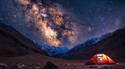 Tent under starry sky at mountain base camp, warm lantern glow inside, celestial effect.