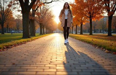 Young woman walks briskly on a sunlit autumn path. She wears a beige coat, black pants, and white sneakers. The scene captures a sense of movement and seasonal change in an urban park setting.