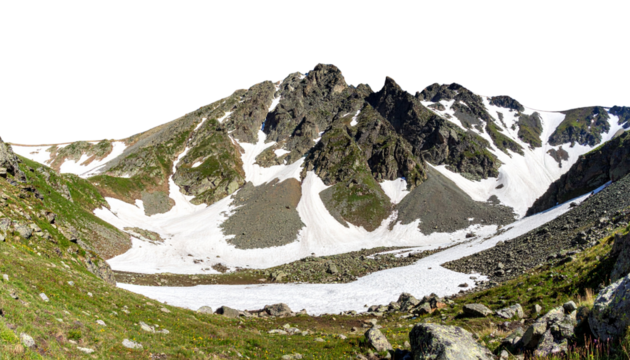 Majestic snow-covered mountain range on transparent background, panoramic view, natural landscape photography, ultra-detailed, high resolution.
