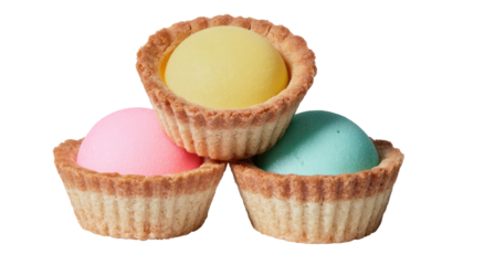 Three colorful pastel-filled tartlets stacked