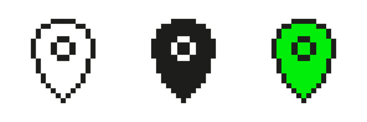 Pixel Art Map Pin Icon Set. Location Marker Symbols In Black, White, And Green. Navigation And Geolocation Pixelated Design. Isolated Vector Illustration