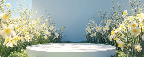 White podium with daffodils arranged in a meadow, captured in a 3D render, evoking feelings of freshness, natural beauty, and elegance, Generative AI