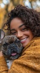 Black man cuddling his happy French Bulldog outdoors in the park. Young African American pet owner  his Frenchie dog during a walk in nature, Generative AI