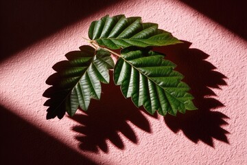 Close-up of vibrant green leaves against a pink surface, highlighted by angled sunlight