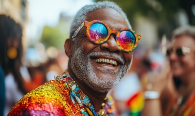Happy senior gay black man celebrating at a Pride parade surrounded by a crowd of queer individuals. Smiling elderly LGBTQ+ African American male pensioner wearing eclectic, Generative AI