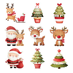 Fototapeta premium Festive characters including Santa, reindeer, and Christmas trees in joyful designs. Christmas isolated on white background, Transparent Background