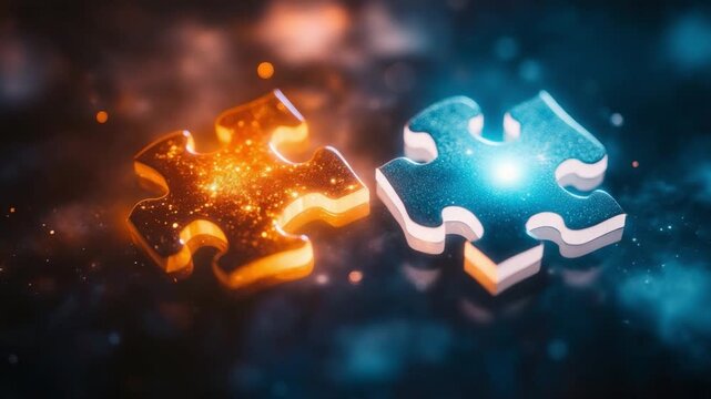 This captivating footage features two glowing puzzle pieces coming together in a cosmic backdrop. Ideal for themes of connection, unity, and creativity. Generative AI