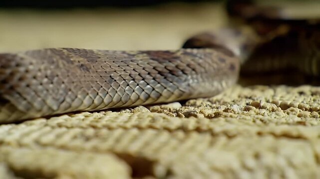 Reptile skin texture: Close-up of snake scales on sandy ground, highlighting natural pattern and camouflage.