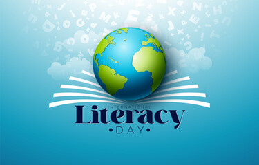 International Literacy Day Banner Illustration with Open Book Symbol and Earth Globe on Blue Flying Alphabet Background. Vector Education, Learning and Knowledge Illustration with Typography Lettering