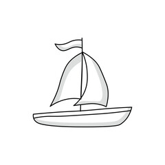A simple black and white doodle of a sailboat. This hand-drawn vector sketch is perfect for themes of travel, vacation, the sea, or summer adventures.