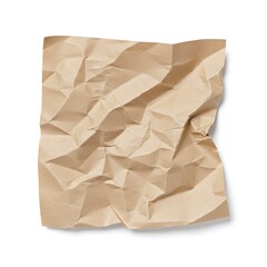 Obraz premium A crumpled sheet of brown packing paper, textured and creased, lies flat on a white background with subtle shadows casting from its edges