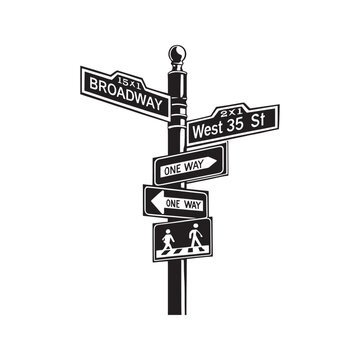 Famous Broadway and West 35th Street sign in New York City. Vector illustration of an urban intersection with one way and pedestrian signals, isolated on a transparent background.
