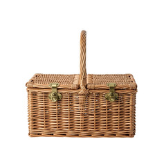 Woven wicker picnic basket with two lids and a handle isolated on transparent background