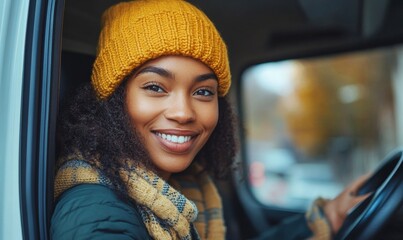 Happy black female delivery driver driving a van to deliver takeaway parcels and packages to homes. Woman driving a removals van for furniture removal and house moving services, Generative AI
