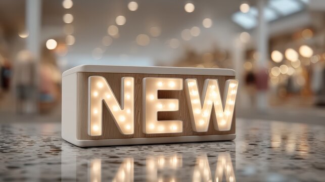 A glowing "NEW" sign on a polished surface, set in a blurred shopping environment, highlighting fresh offerings.