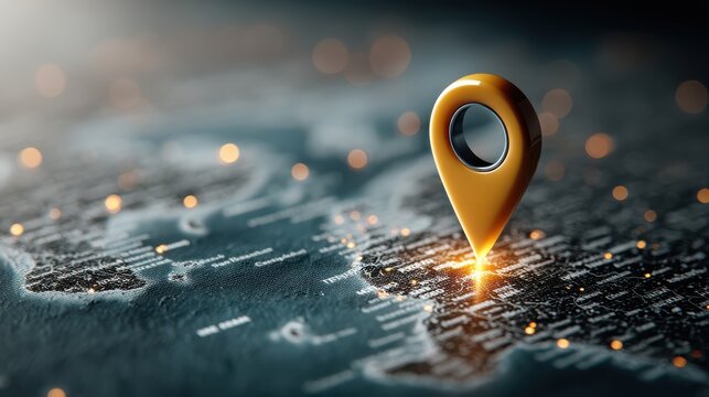 A vibrant map with a glowing yellow location pin highlighting a specific area, symbolizing navigation and discovery in a digital landscape.