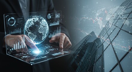 Analyze global market trends with futuristic digital interface and modern city skyline