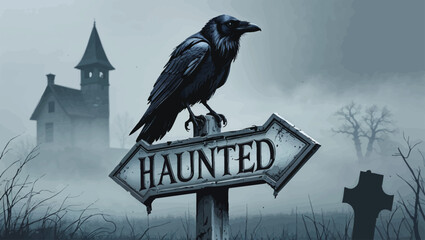 Haunted Crossroads: Raven Perched on a Spooky Signpost with a Haunted House