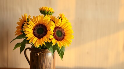 Fototapeta premium A vibrant sunflower arrangement in a wooden vase, radiating warmth and rustic charm under golden light.