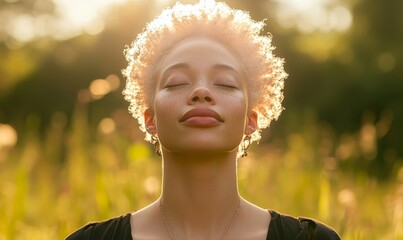 Happy black albino woman breathing fresh air outdoors in nature. African American female with albinism enjoying the outdoors, promoting inclusion and diversity through natural, Generative AI