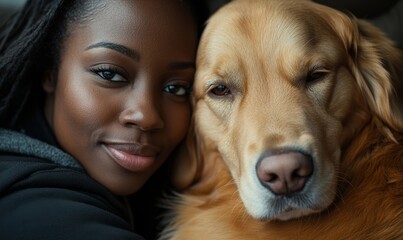 Young black woman cuddling a sleepy golden retriever dog at home. Candid African American female hugging a fluffy Labrador. Copy space available, Generative AI