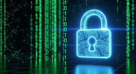 Digital padlock symbolizes cybersecurity and data protection against online threats with binary code background representing information security and digital safety