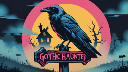 Haunted Crossroads: Raven Perched on a Spooky Signpost with a Haunted House
