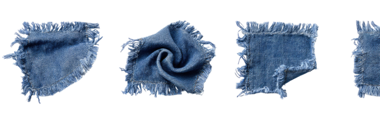 Four pieces of distressed denim fabric, different shapes and textures