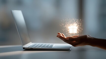 A hand reaches toward a laptop, with a glowing gift icon emerging, symbolizing digital presents and online gifting.