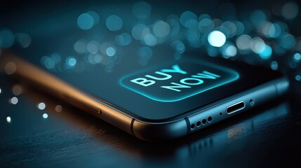 A close-up image of a smartphone displaying a glowing "BUY NOW" button, surrounded by a dreamy blue bokeh effect.