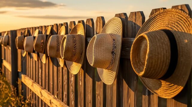 Row of traditional straw hats hanging on a rustic wooden wall in warm light.