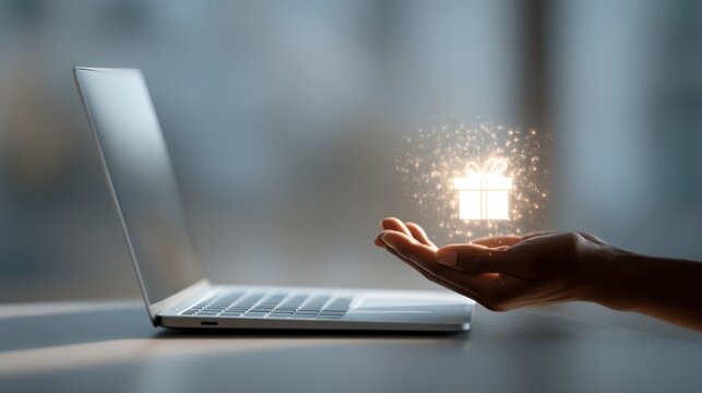 A hand reaches toward a laptop, with a glowing gift icon emerging, symbolizing digital presents and online gifting.