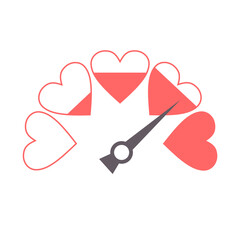 Color scale with arrow and heart shape icons. The measuring device icon. Sign of indicator. Illustration in flat style. Colorful infographic gauge element. Love meter