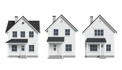 Set of realistic houses, 3D. Real estate, construction, rent, sale, security. 