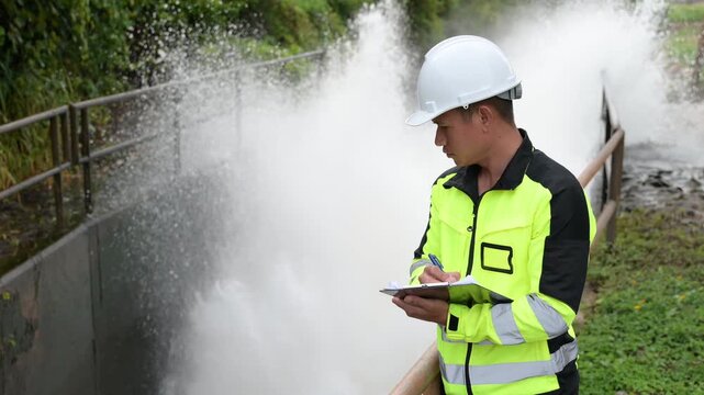 Engineer working at hydroelectric dam inspecting water release, checking gates, analyzing daily flow, monitoring water quality, ensuring maintenance, safety, sustainable energy, and environmental mana