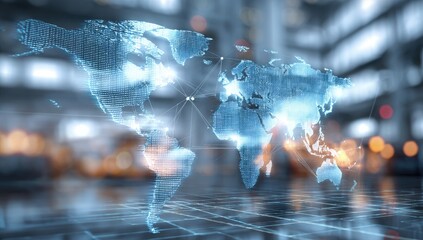 Global network map overlaid on a modern city background