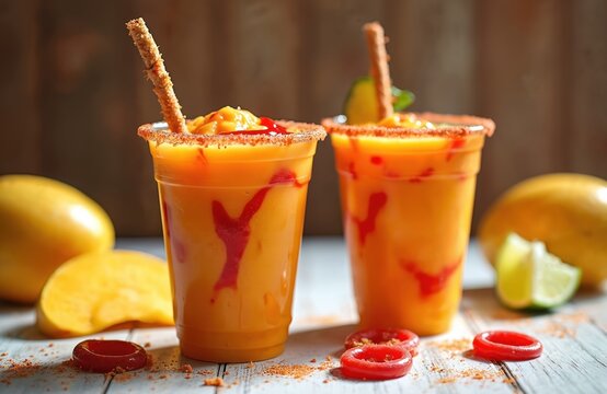 Two refreshing mangonada drinks in plastic cups, popular Mexican mango smoothie with chamoy sauce, lime. Featuring chili-salt rim, cinnamon stick straw, vibrant beverages perfect for summer
