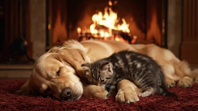 A heartwarming shot of a Golden Retriever dog and a small kitten sleeping together, curled up in a hug, a symbol of unlikely friendship.