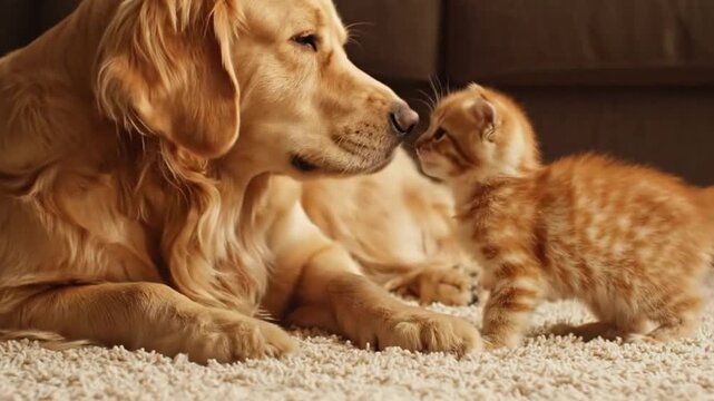 A funny and energetic shot of a playful kitten chasing the wagging tail of a happy dog, a comical and cute pet interaction.