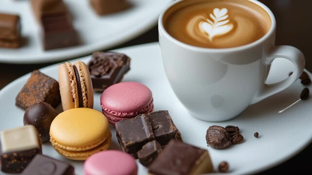 Colorful macarons and assorted chocolates elegantly accompany a beautifully crafted cup of coffee. This captivating setup showcases delightful flavors and artistry