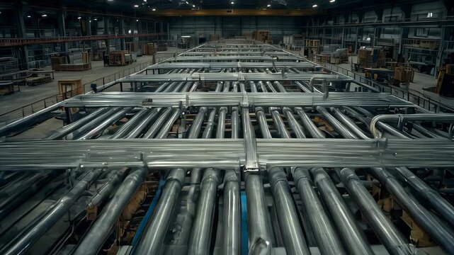 Gleaming stainless steel tubes, neatly arranged in rows inside a modern manufacturing plant, reflect industrial precision, strength, and durability, symbolizing advanced engineering	