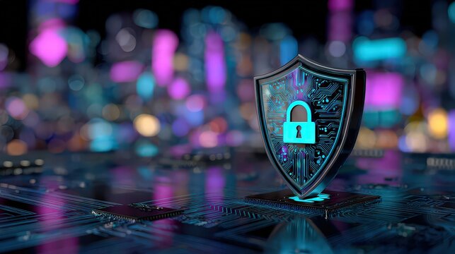 Digital Shield Security In Neon Cityscape