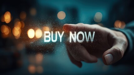 A hand reaches toward the text "BUY NOW," set against a blurred background with glowing orbs, evoking a sense of urgency and digital commerce.