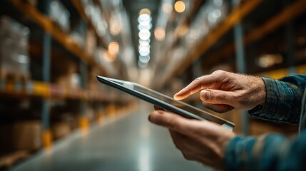 A person using a tablet in a warehouse setting, surrounded by shelves filled with boxes, highlighting modern technology in inventory management.