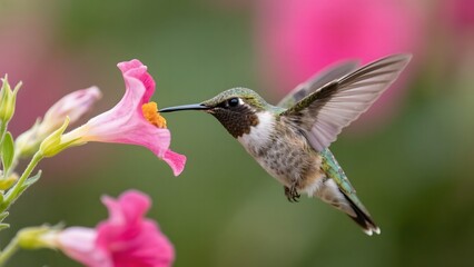 Fototapeta premium A hummingbird hovers near vibrant pink flowers, its wings in motion.
