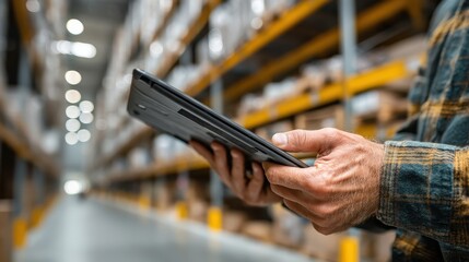 A person holds a tablet in a warehouse, surrounded by shelves stocked with products, indicating a focus on logistics or inventory management.