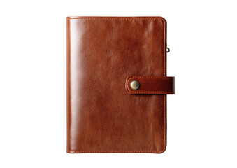A closed, light brown leather planner.  Zippered pocket, snap closure