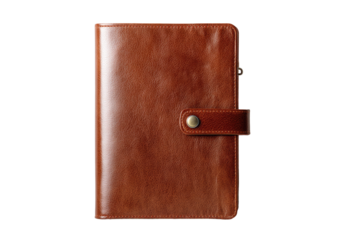 A closed, light brown leather planner.  Zippered pocket, snap closure
